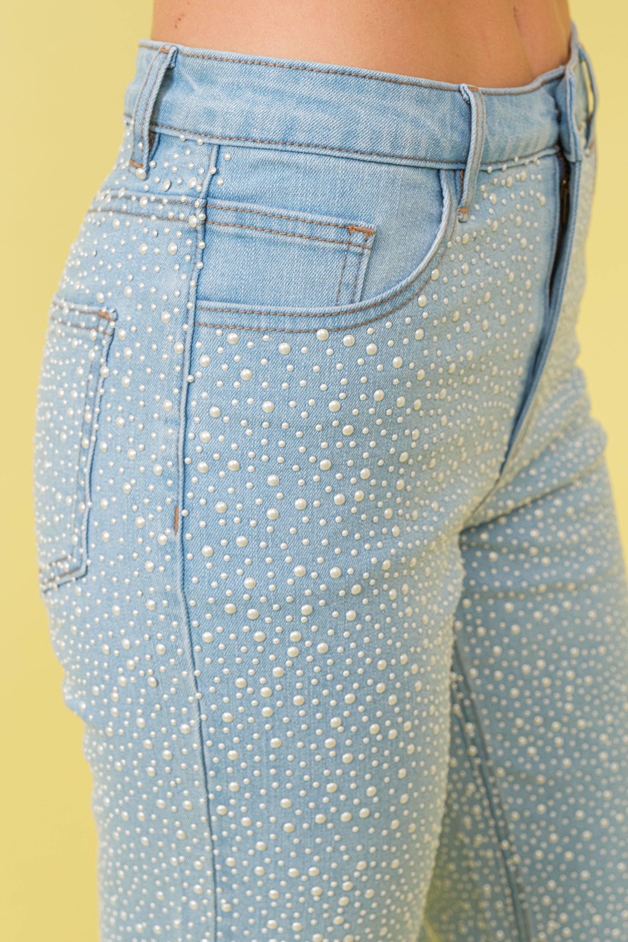 Mid Rise Pearl Stretch Flare Denim Jeans