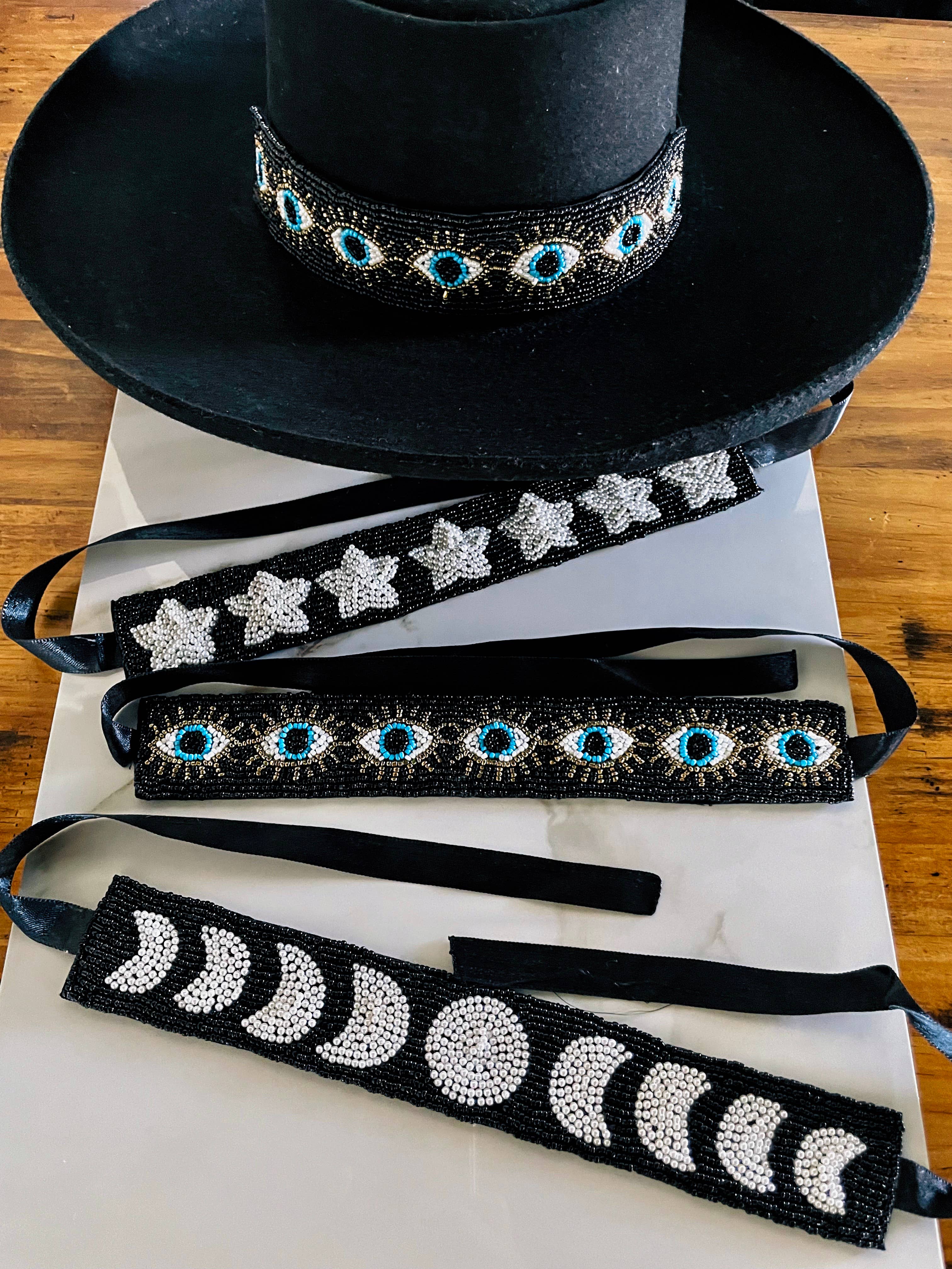 Hand beaded Evil Eye hat band 1.5” wide