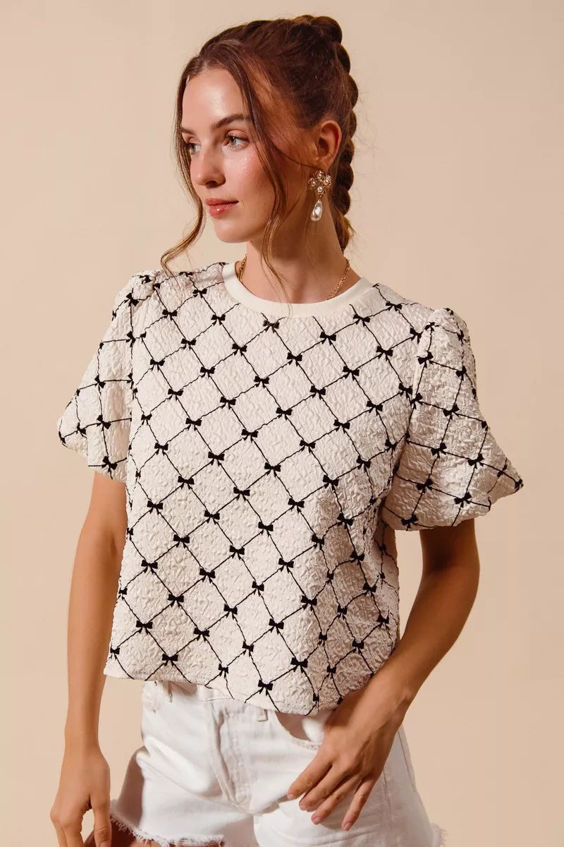 SO ME Bow Texture Woven Bubble Sleeve Top - IVORY - Bexa Boutique