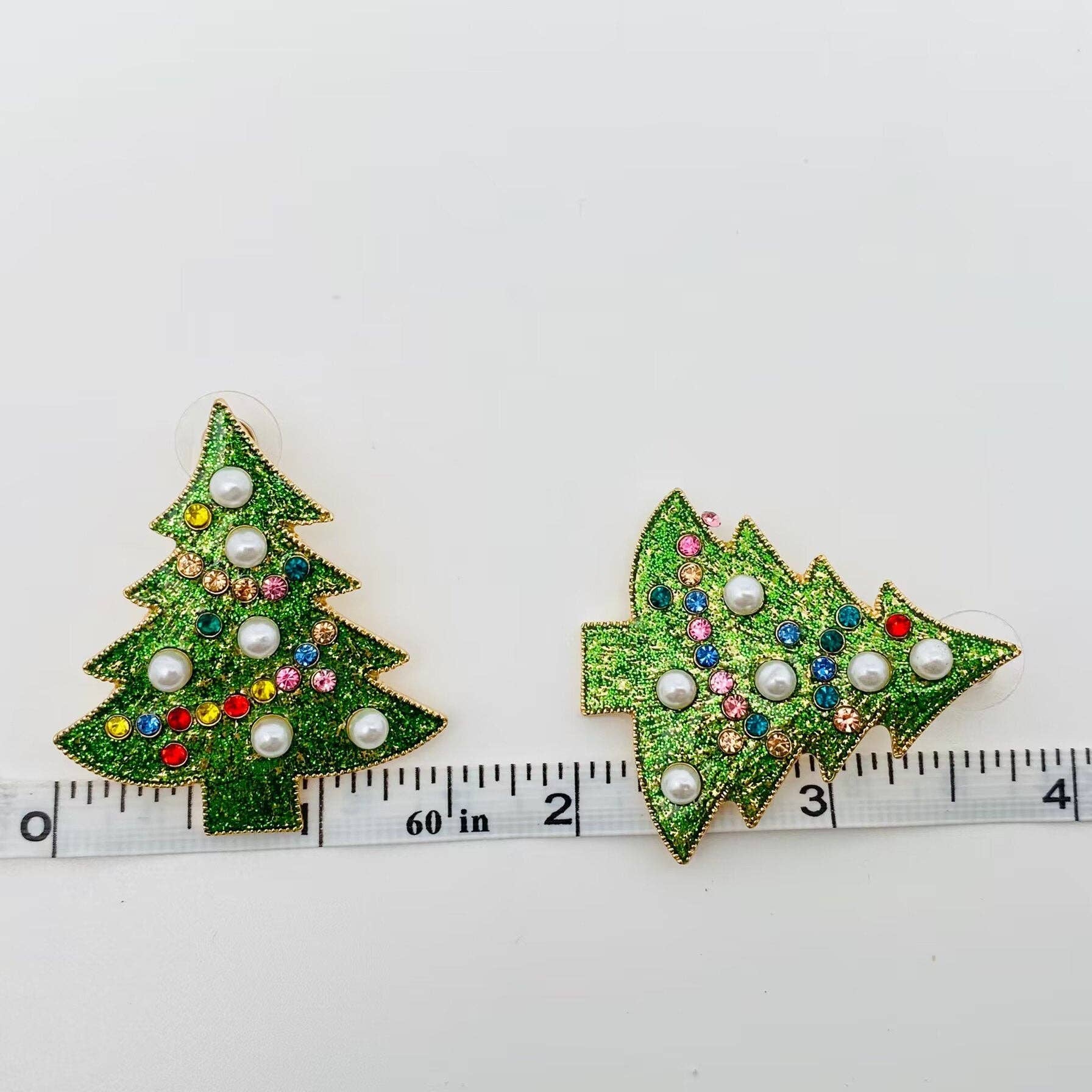Christmas Tree Rhinestone Pearl Green Enamel Post Earrings