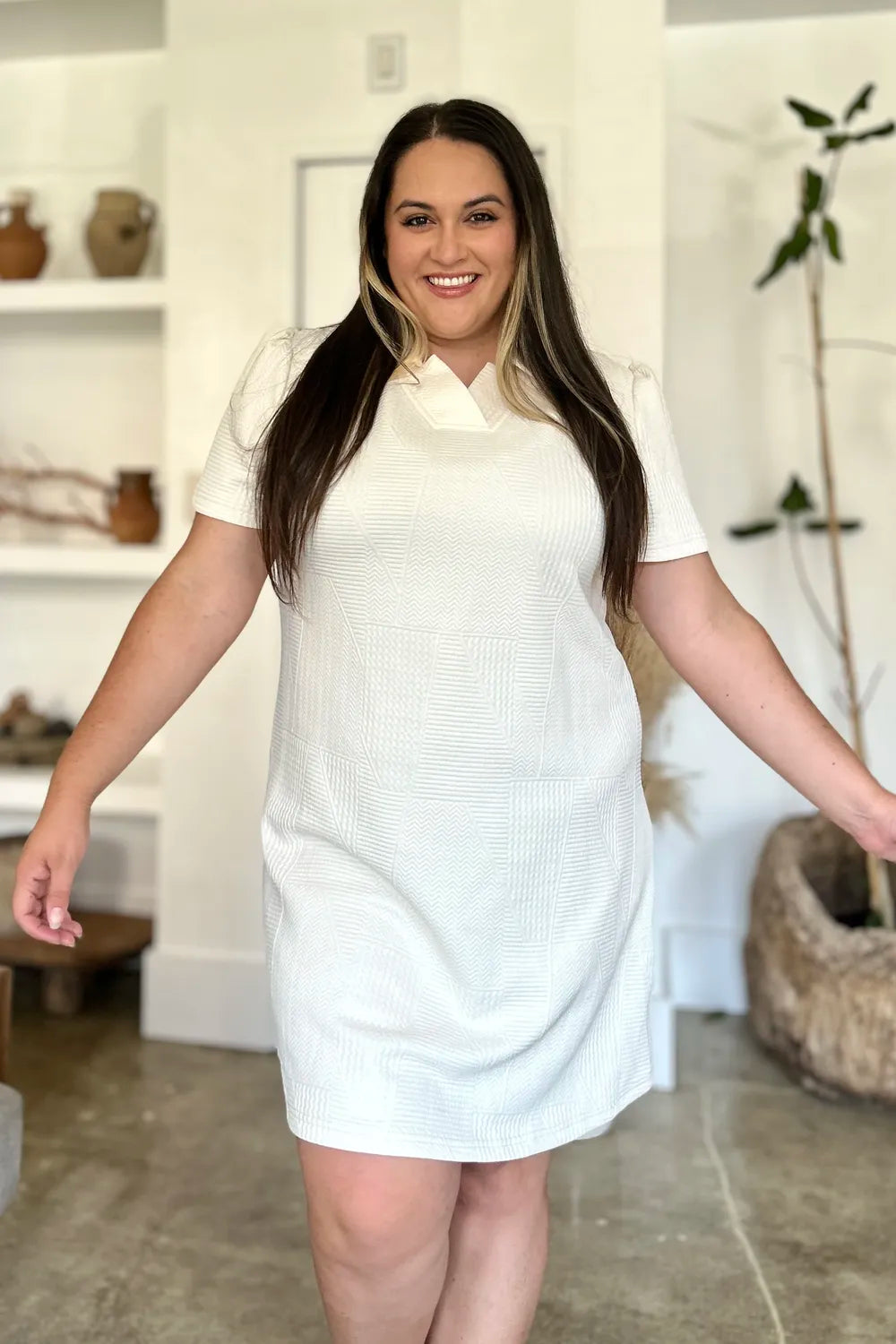 Double Take Full Size Texture Short Sleeve Dress - Ivory - Bexa Boutique