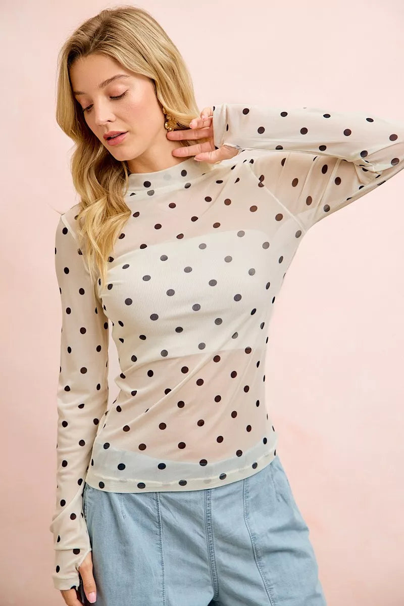 BiBi High Neck Line Polka Dots Mesh Top With Thumb Open - IVORY/BLACK - Bexa Boutique