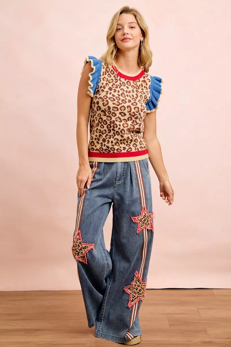 BiBi 4th Of July Leopard Ruffled Detail Knit Top - LEOPARD/RED/BLUE - Bexa Boutique