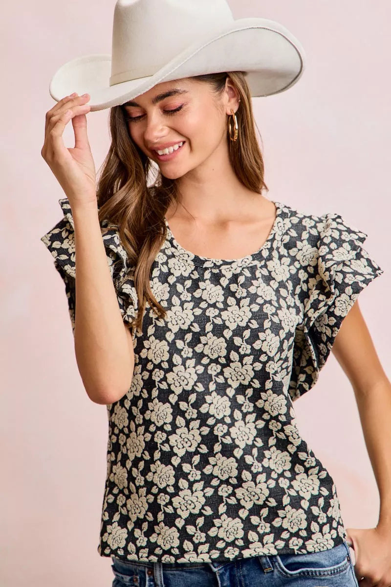 BiBi Floral Jacquard Ruffle Sleeves Knit Top - BLACK/LT GREY - Bexa Boutique
