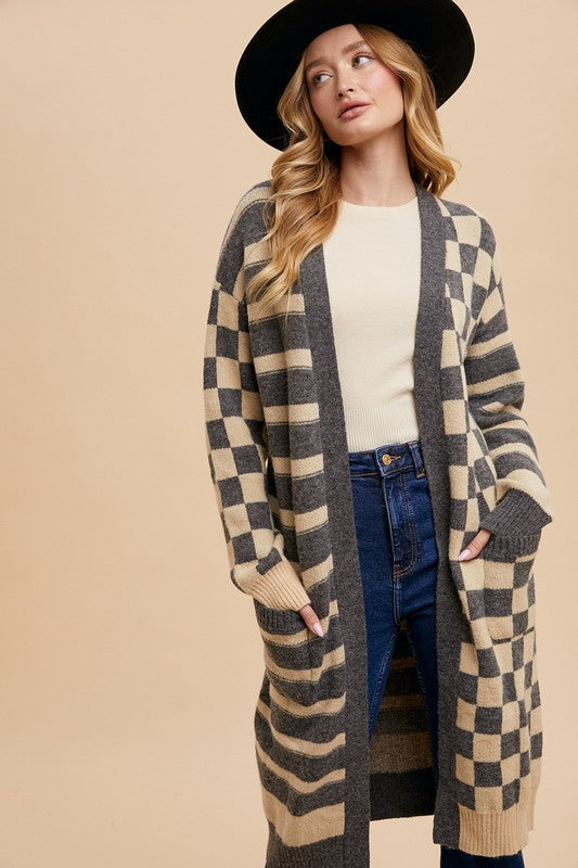 Open Front Gray Check Cardigan Sweater