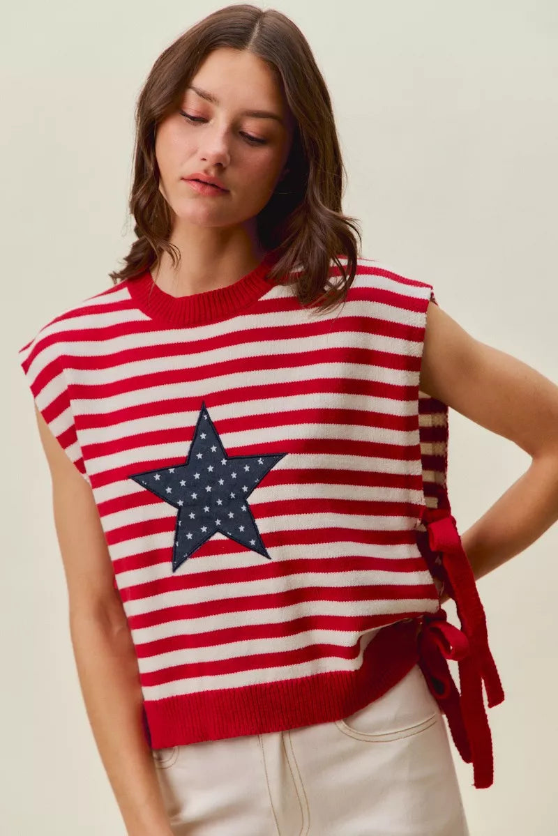 SO ME Stripe Star Patch 4th Of July Side Tie Vest Top - RED/IVORY - Bexa Boutique