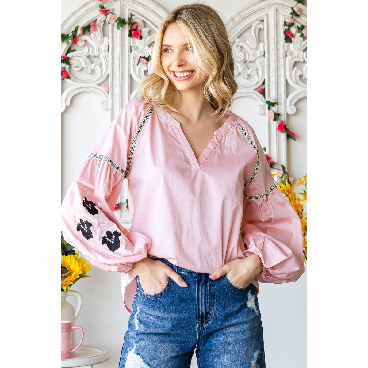 Band Collar Embroidered Puff Sleeve Peasant Blouse