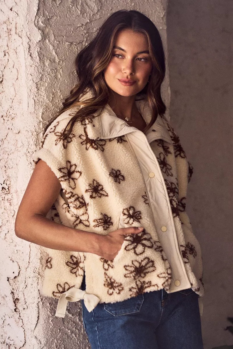SO ME Flower Sherpa Fur Oversized Sleeveless Vest Jacket - BROWN - Bexa Boutique