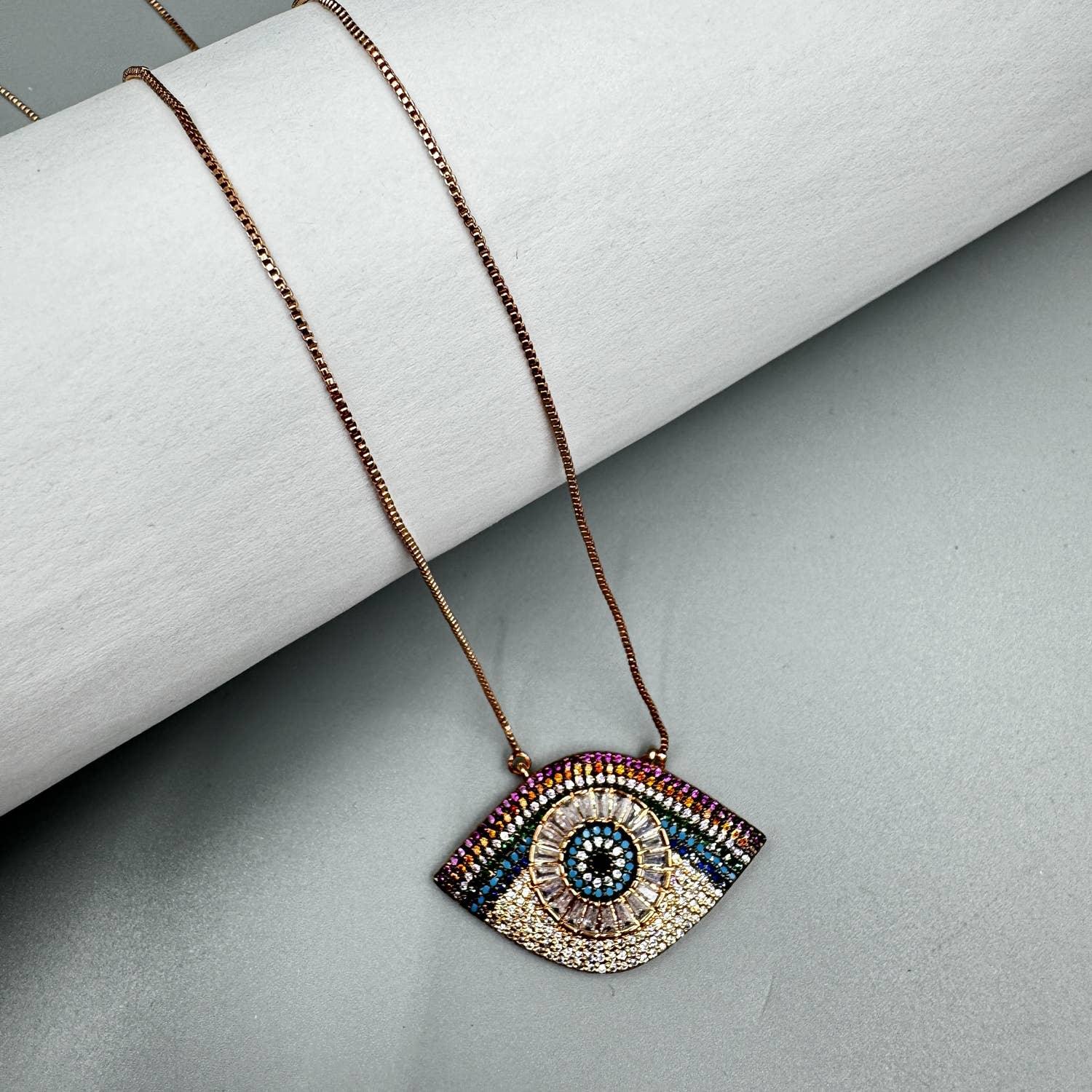 Evil Eye Cubic Zirconia Necklace Teal & Gold