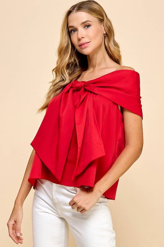 Red Bow Accented Off The Shoulder Top