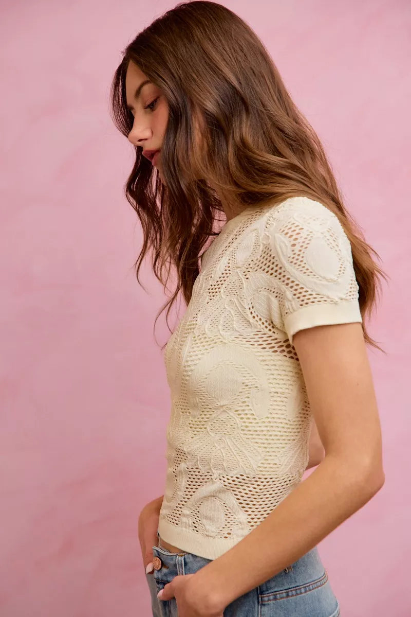 SO ME Floral Perforated Seamless Active Short Sleeve Top - OFF WHITE - Bexa Boutique
