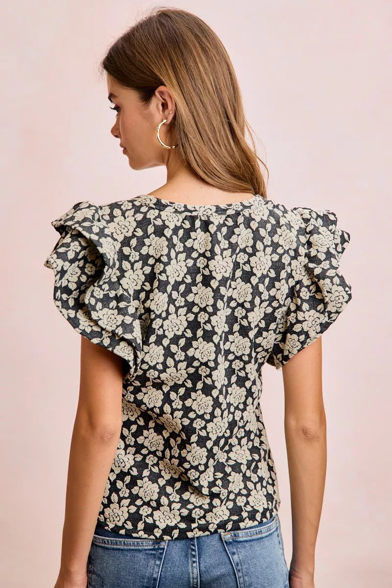 BiBi Floral Jacquard Ruffle Sleeves Knit Top - BLACK/LT GREY - Bexa Boutique