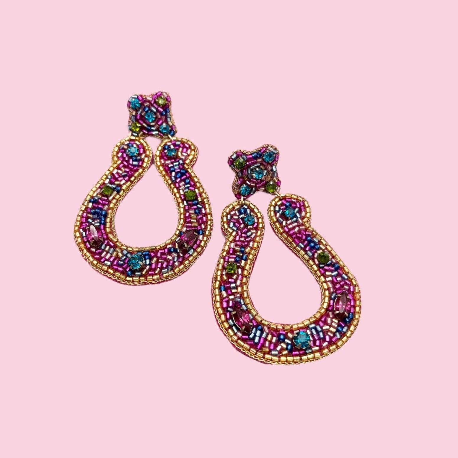 Pink Rhinestone Horseshoe Earrings