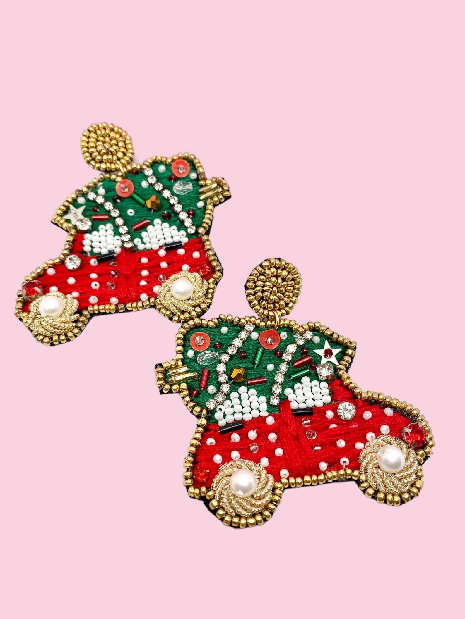 Beaded Rhinestone Car w/Christmas Tree Earrings