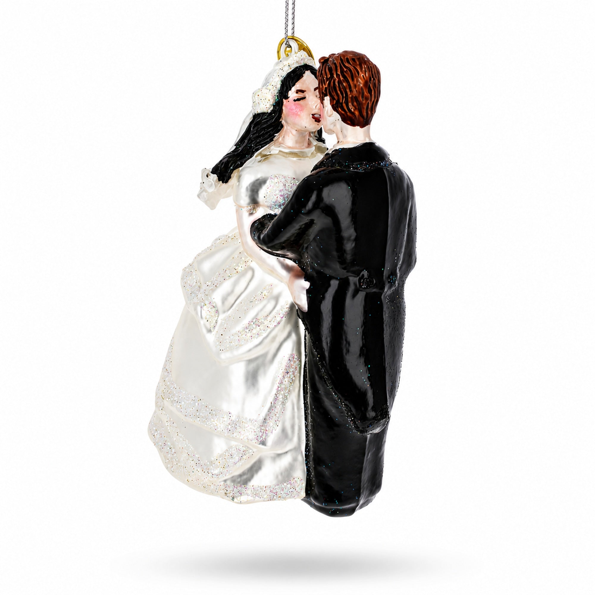 Bride and Groom Wedding Kiss Glass Christmas Ornament
