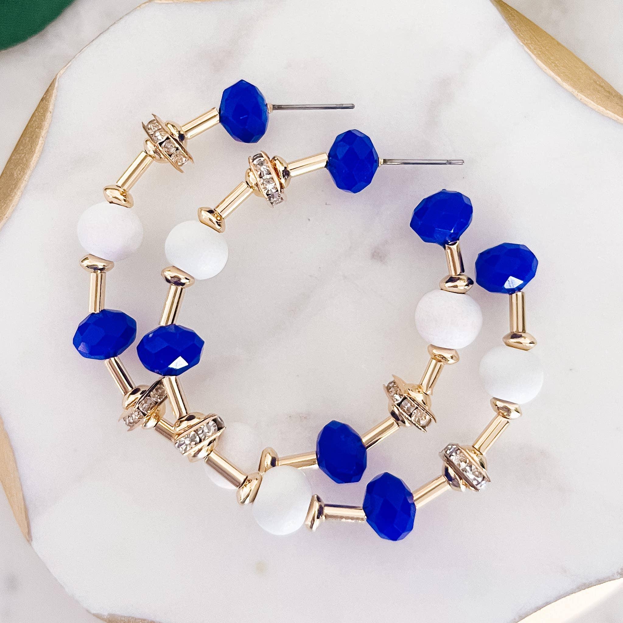 Blue & White Glass Bead Hoop Earrings