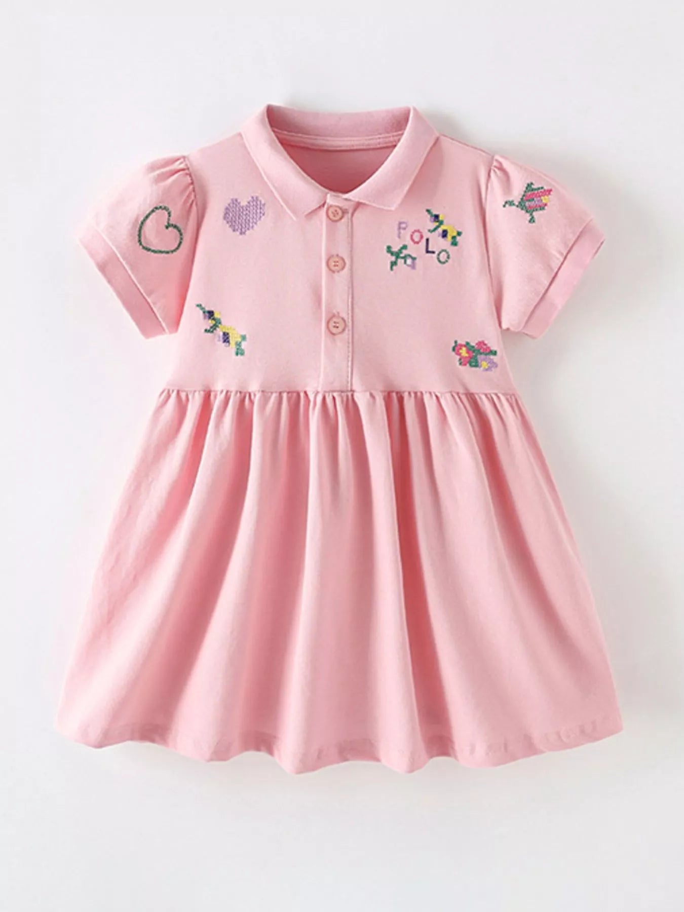 Children's Embroidered Polo Collar Short Sleeve Dress Pink / 8Y Children's Embroidered Polo Collar Short Sleeve Dress Pink / 8Y