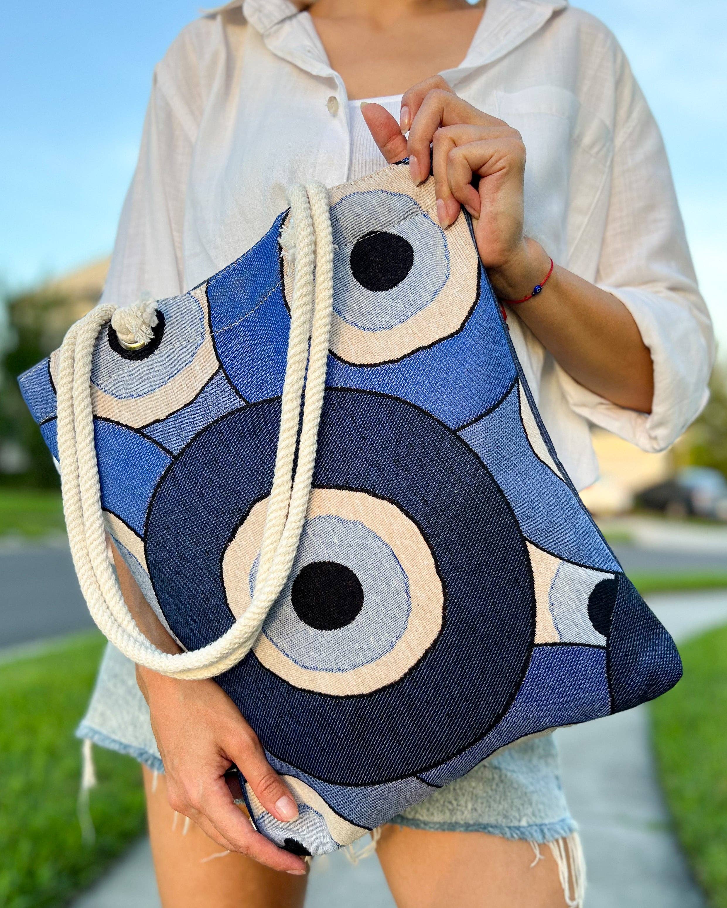 Woven Fabric Shoulder Bag, Evil Eye Tote Bag