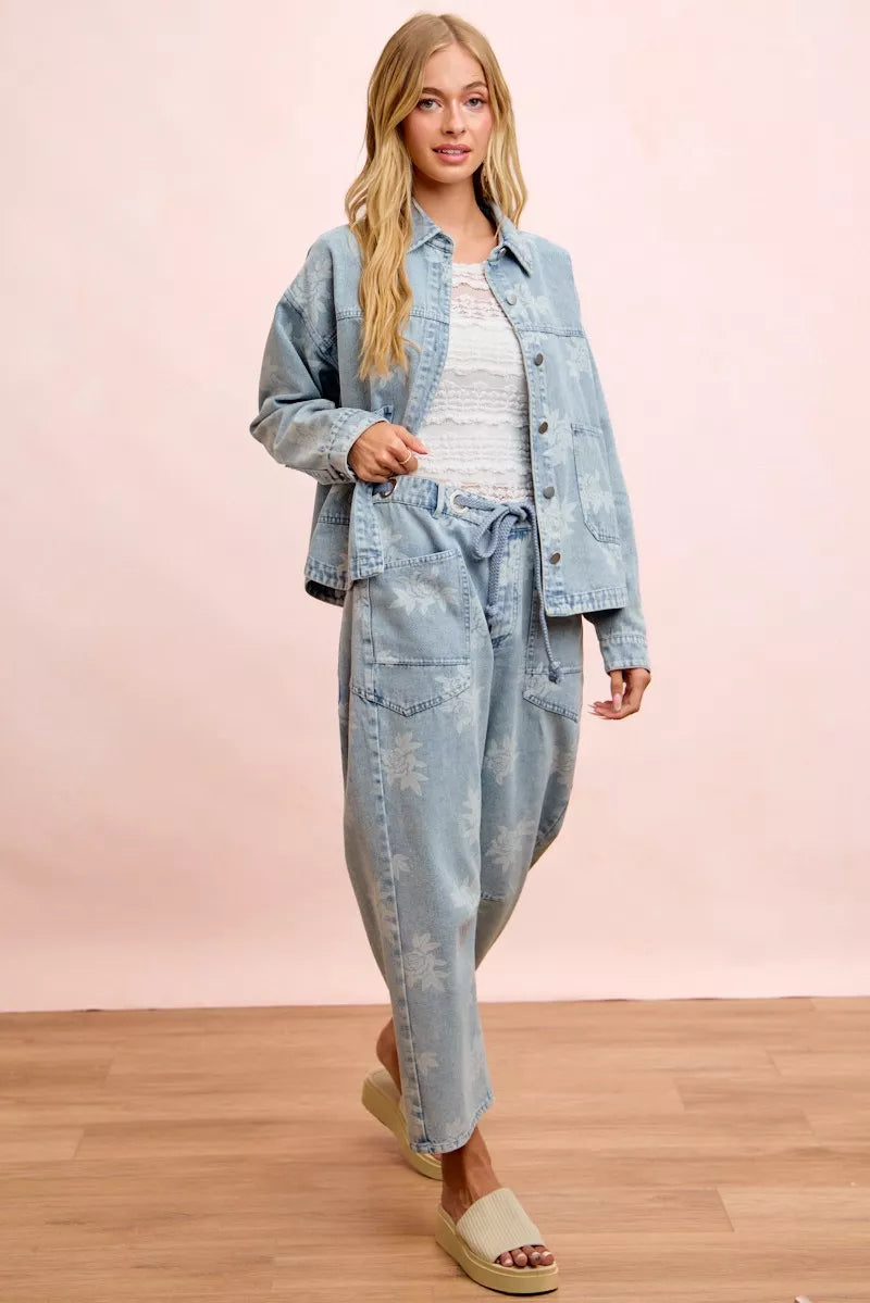 BiBi Printed Washed Denim Jacket With Pocket - DENIM - Bexa Boutique