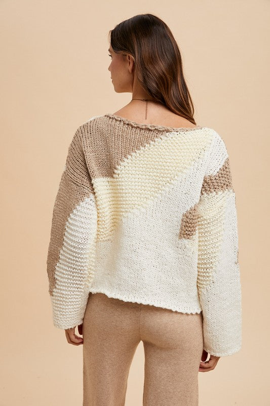 Color Block Drop Shoulder Sweater - Taupe