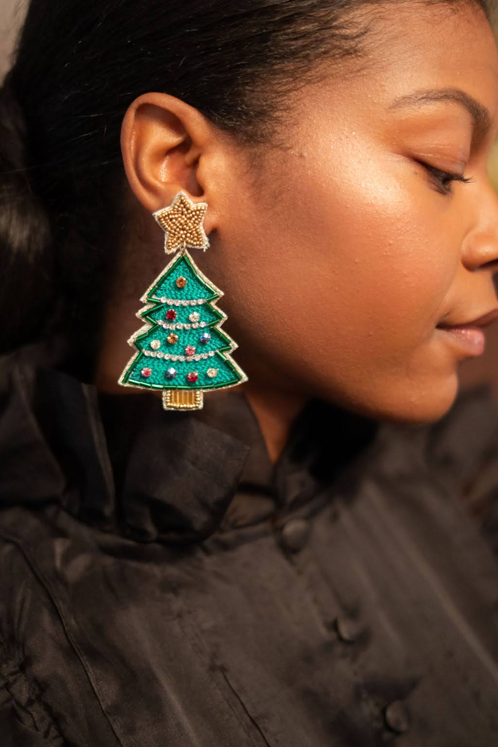 Christmas Tree Beaded Earring  - Gold Star Top