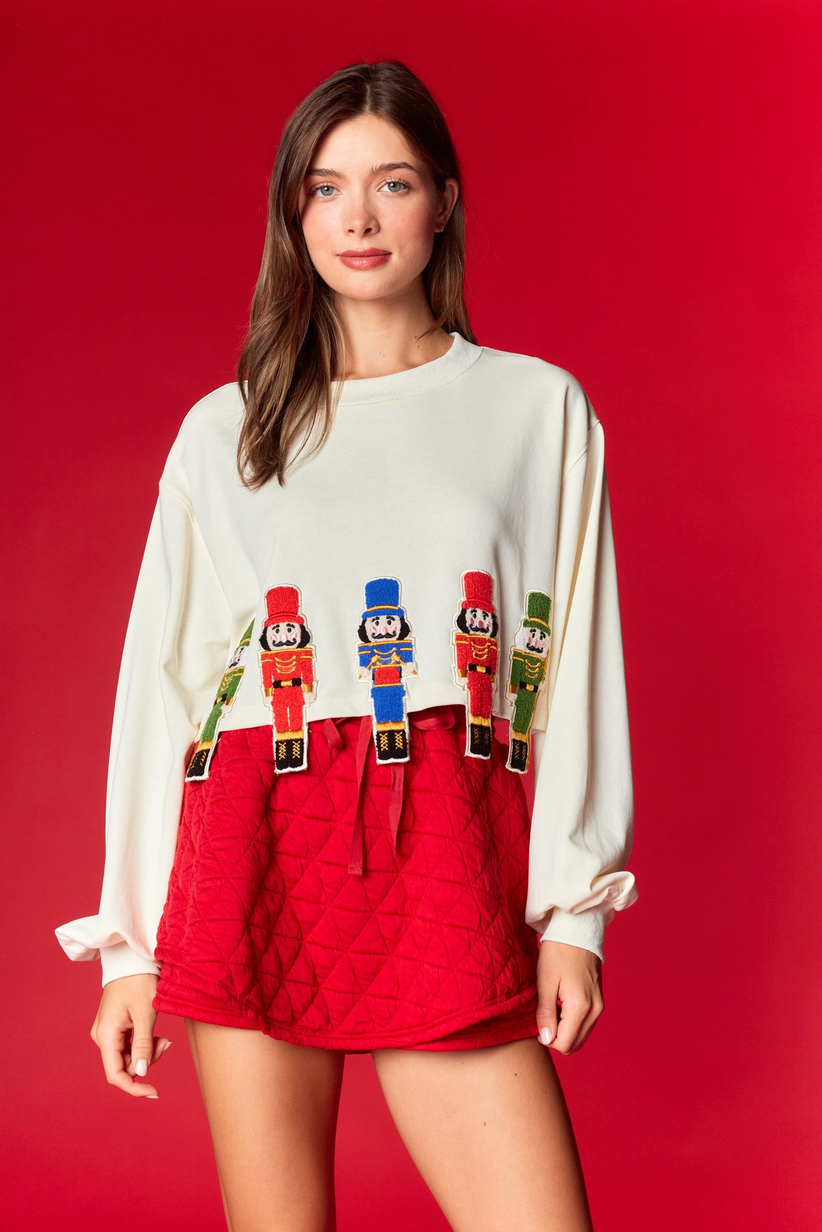 Nutcracker Embroidery Chenille Sweatshirt Cream