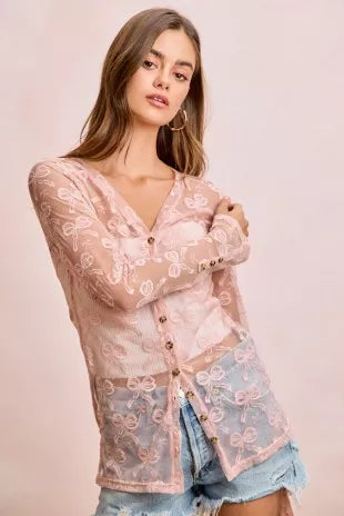 BiBi Bow Pattern Shrried V-neck Mesh Cardigan Top - DUSTY ROSE - Bexa Boutique