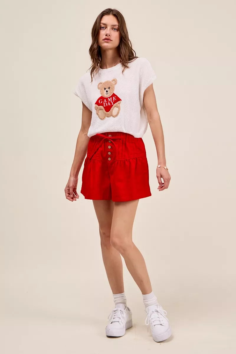 SO ME Solid Twill Denim Pintucked Buttoned Shorts With Waist Tie - RED - Bexa Boutique