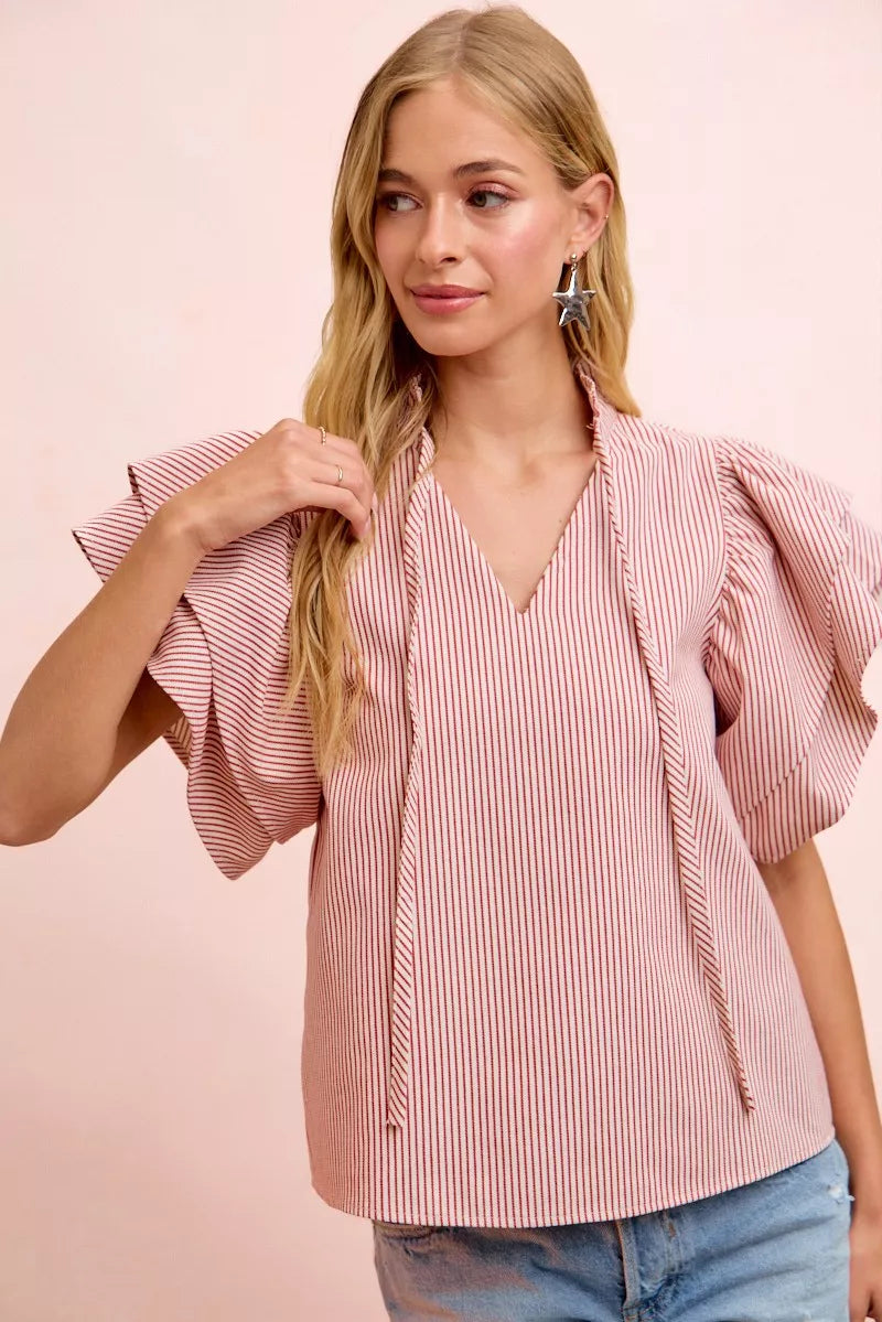 BiBi Twill Striped Ruffle Sleeve Blouse - RED - Bexa Boutique