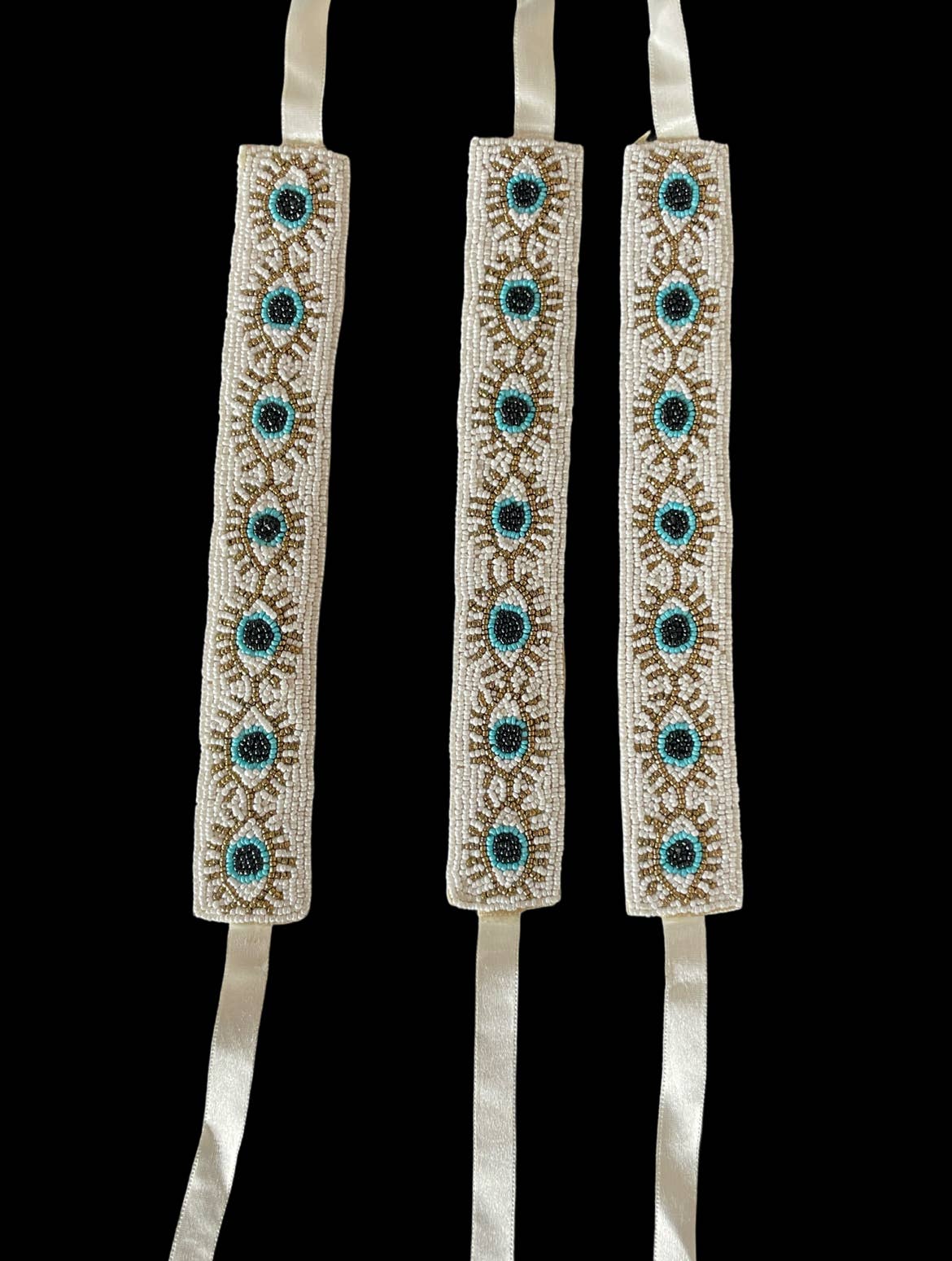 Hand beaded Evil Eye hat band 1.5” wide (white)