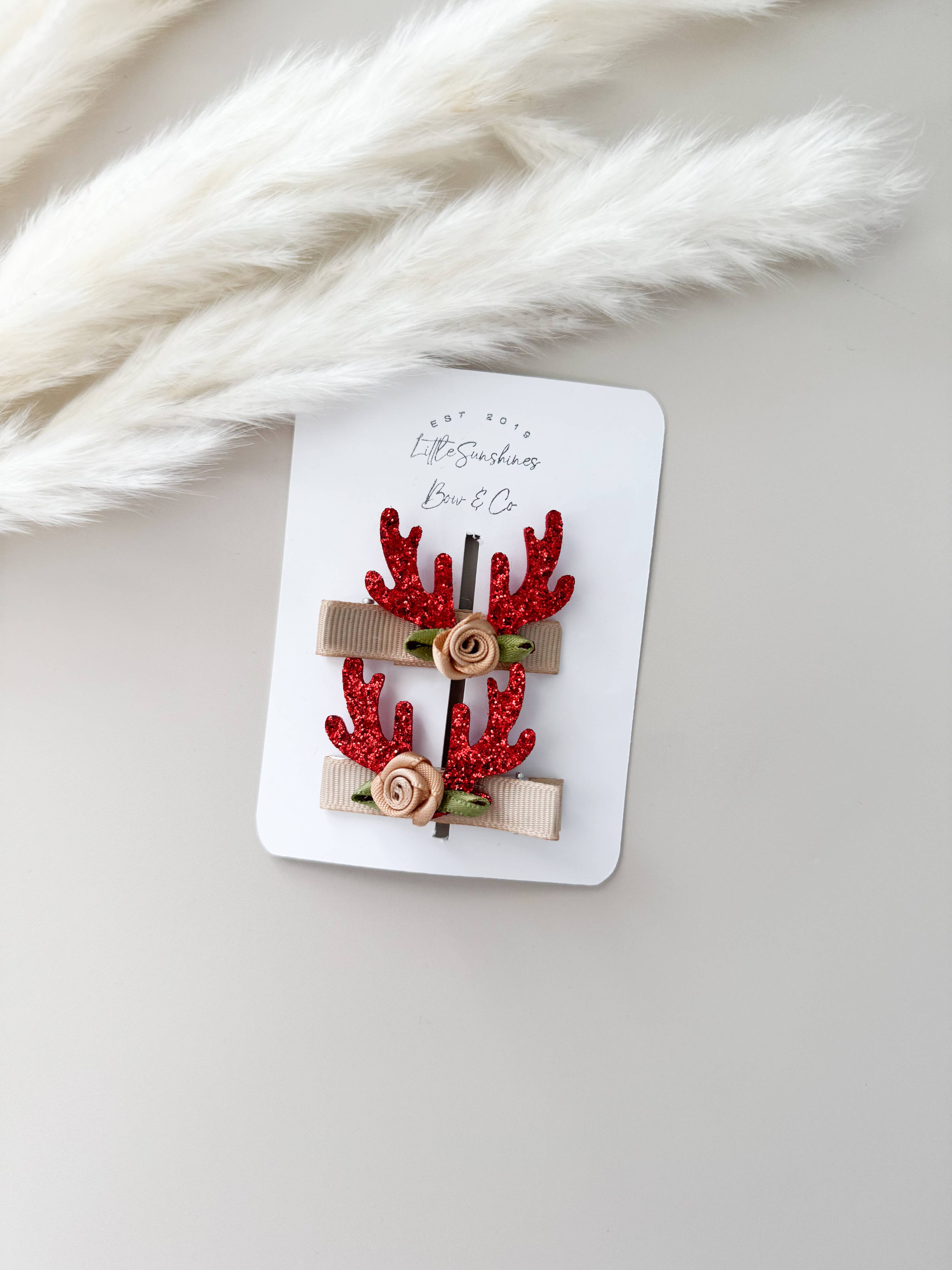 Glitter Antler & Satin Flower Hair Clips- Set of 2