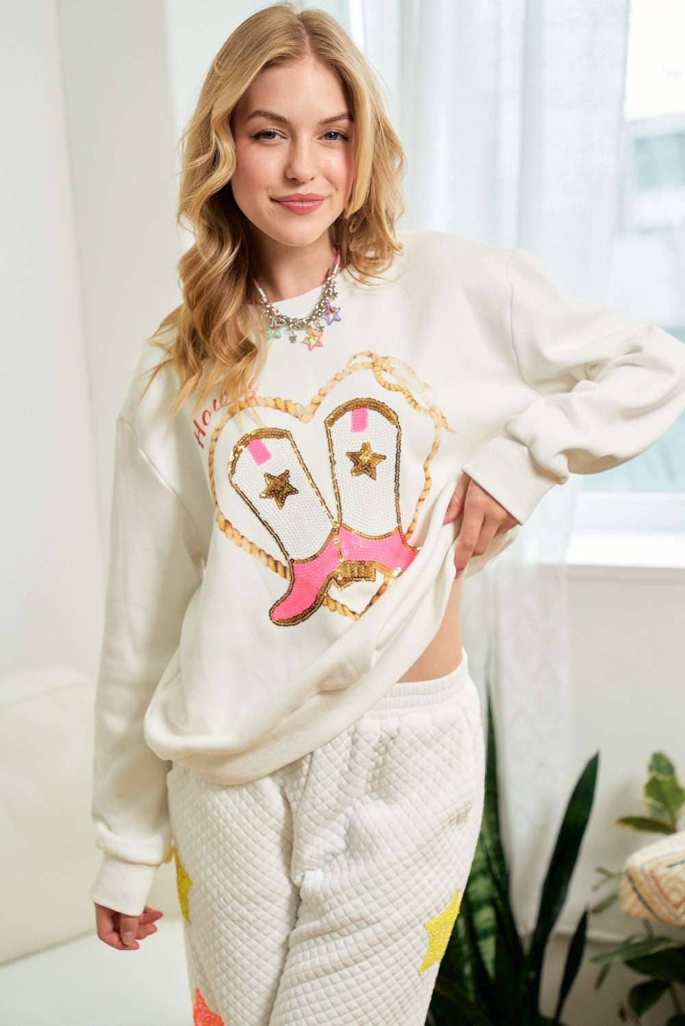 Cowgirl Rope Print With Sequin Boots Sweater