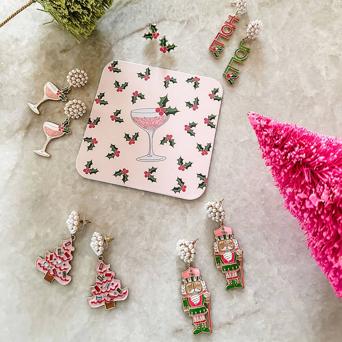 Rhinestone Christmas Tree Enamel Earrings in Pink - Pretty Crafty Lady Shop
