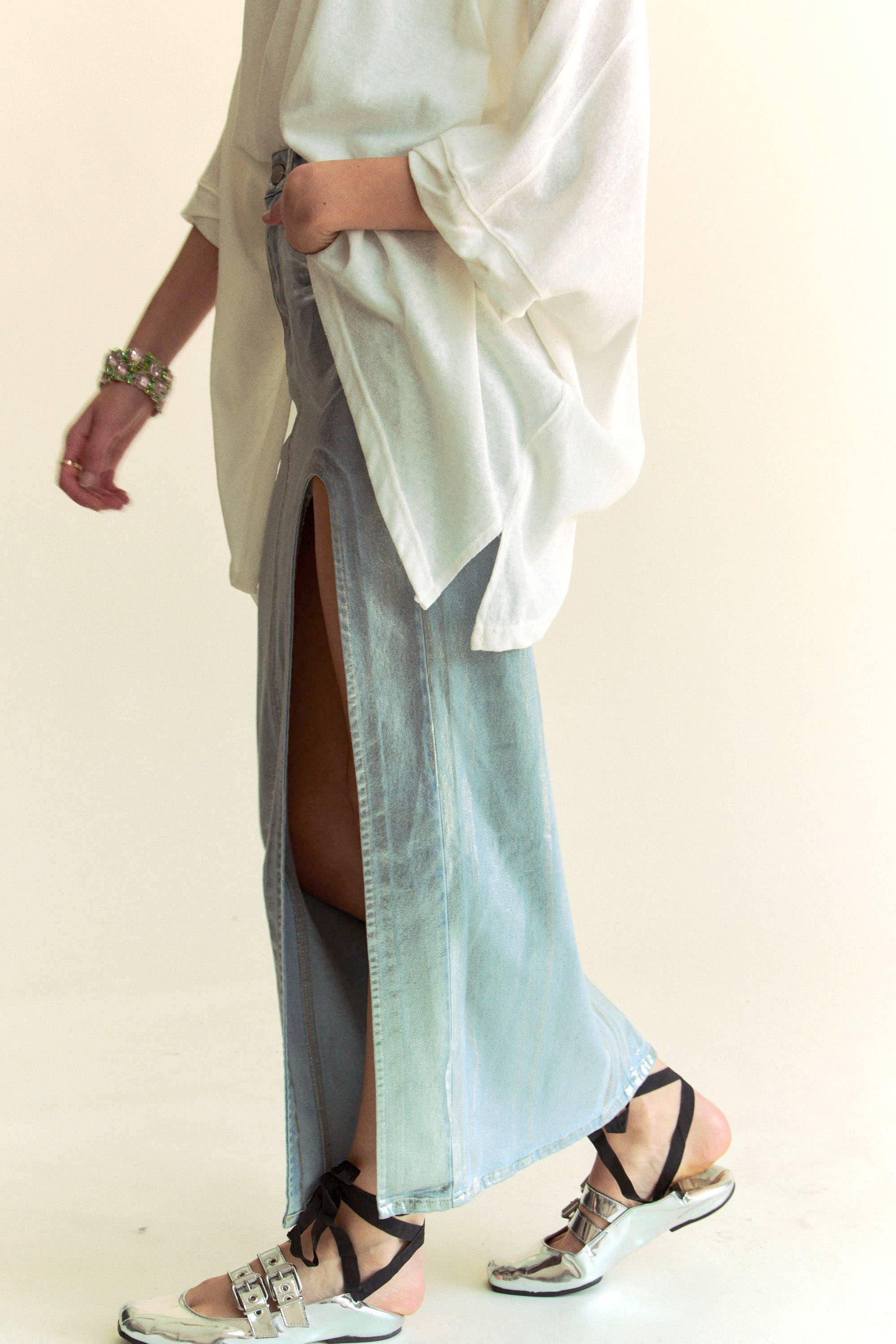 Silver Foiled Maxi Jean Skirt