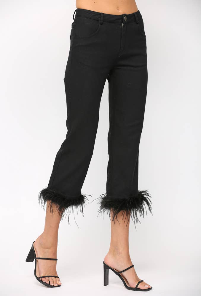 DETACHABLE FEATHER TRIM HEM JEANS