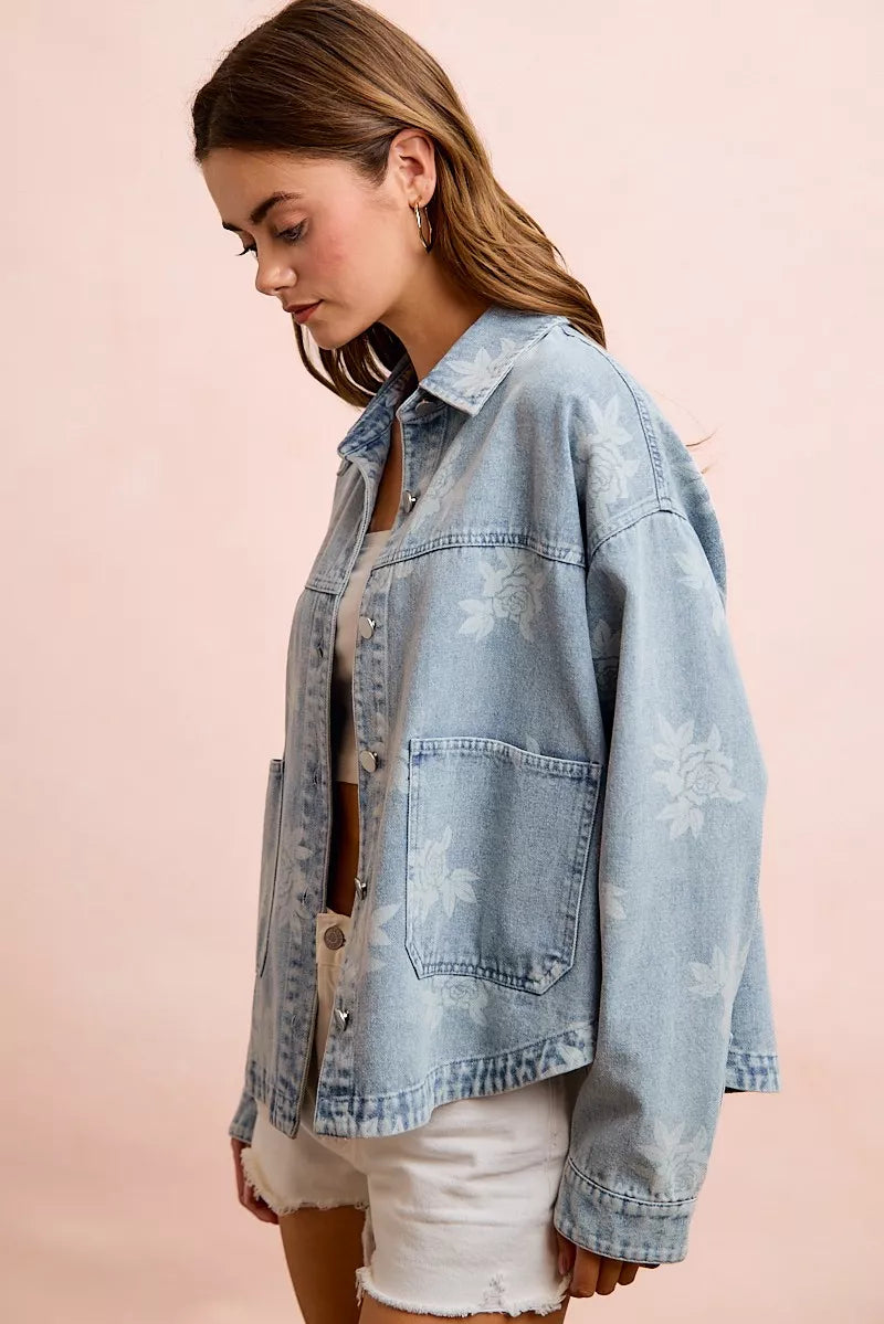 BiBi Printed Washed Denim Jacket With Pocket - DENIM - Bexa Boutique