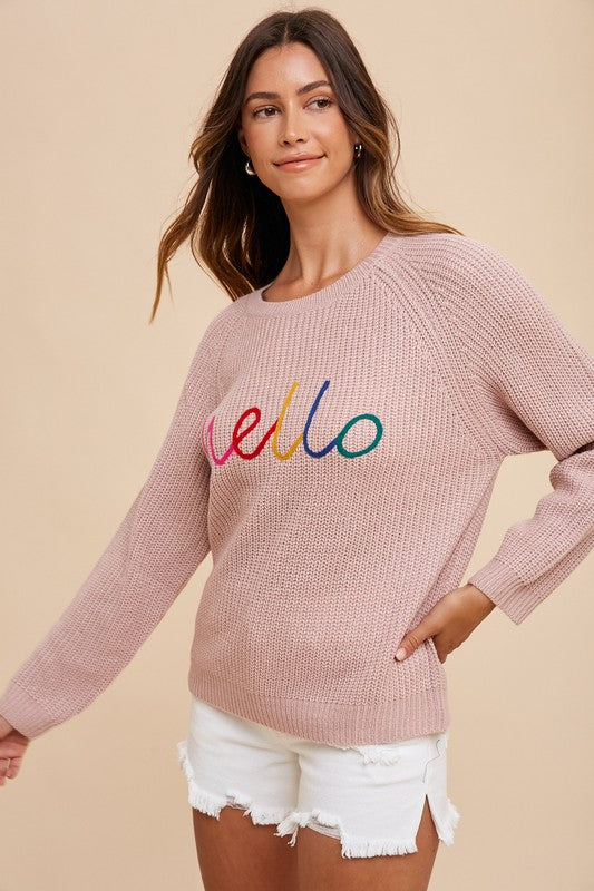 HELLO Embroidered Raglan Sleeve Sweater - Mauve