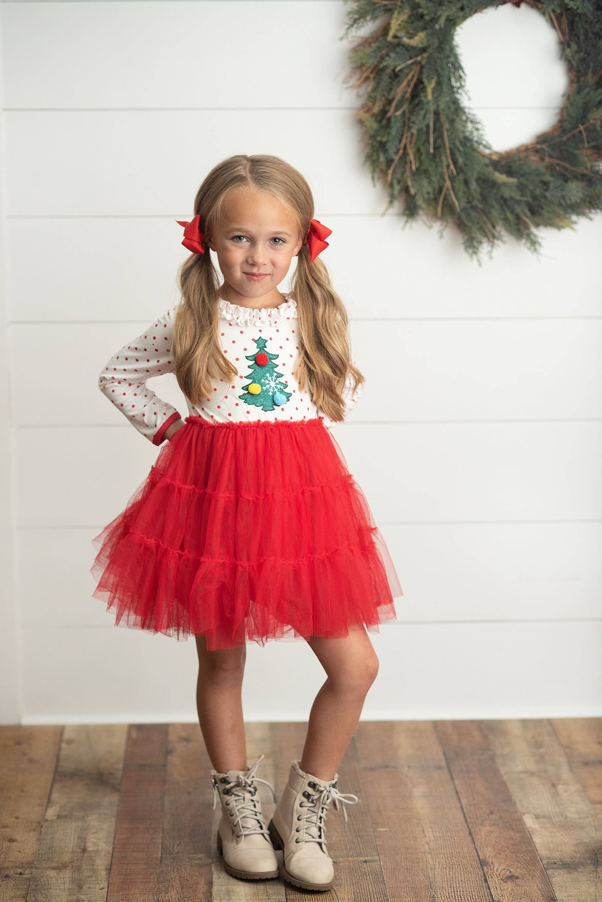 Red & White Dot Pom Pom Christmas Tree Tulle Dress