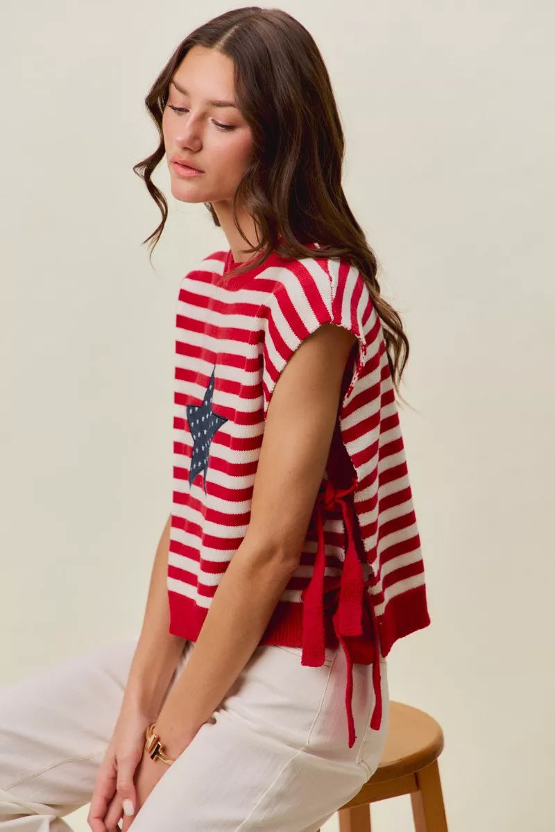 SO ME Stripe Star Patch 4th Of July Side Tie Vest Top - RED/IVORY - Bexa Boutique