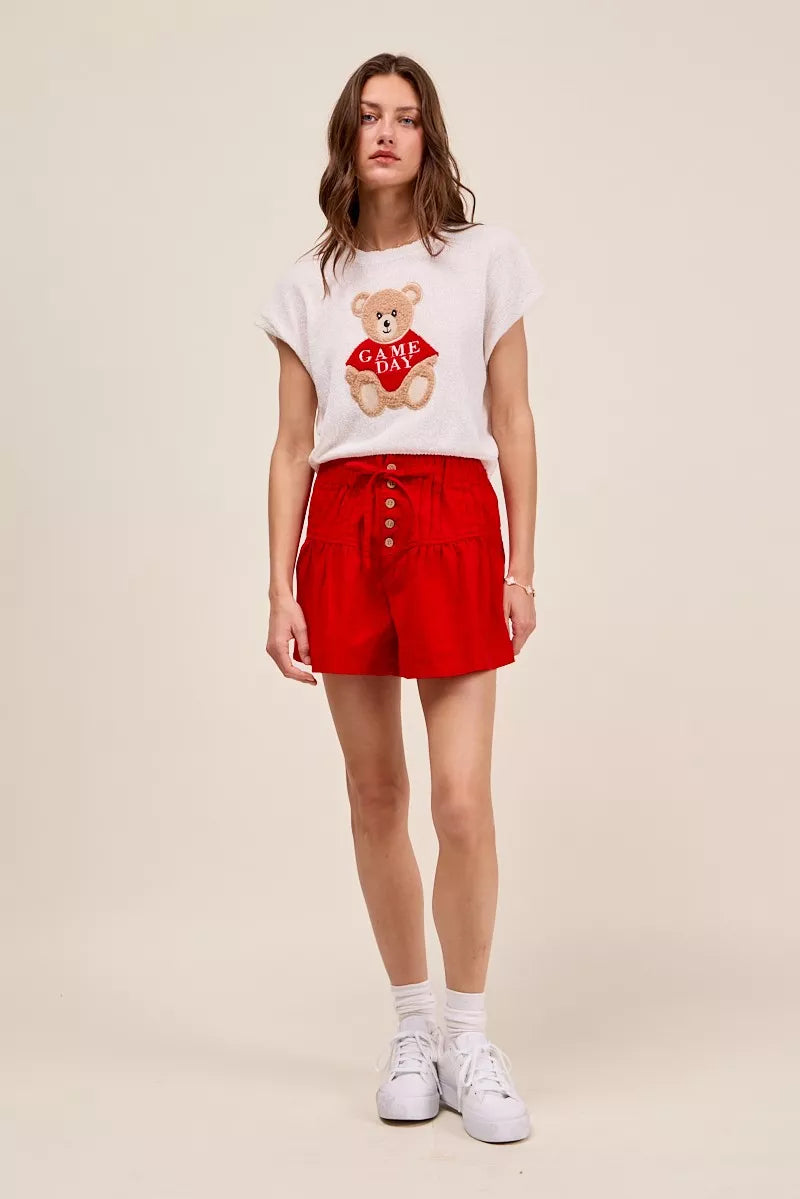 SO ME Solid Twill Denim Pintucked Buttoned Shorts With Waist Tie - RED - Bexa Boutique