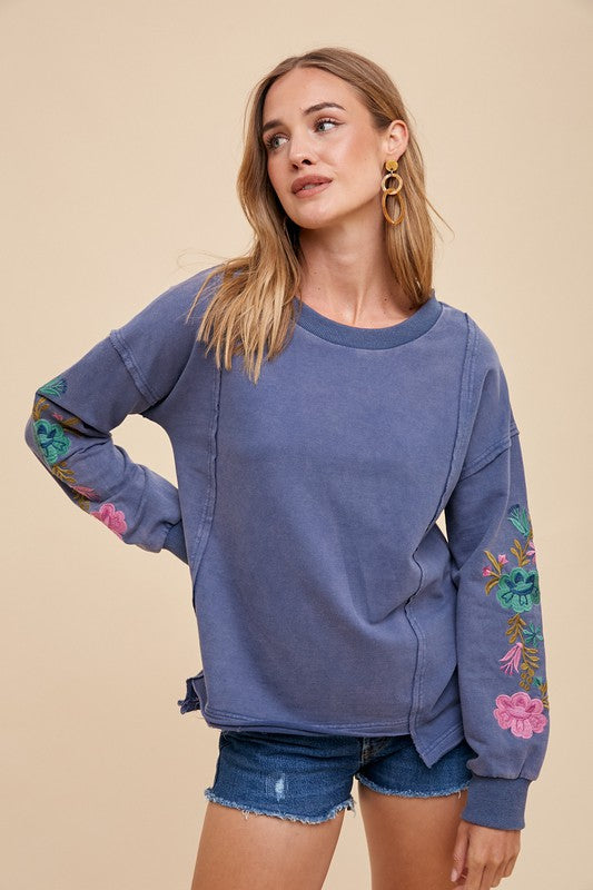 Embroidered Long Sleeve French Terry Top - washed midnight