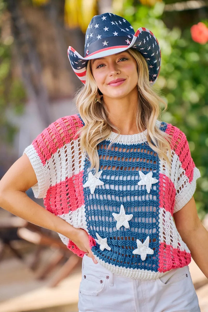 BiBi Crochet Star Patches 4th Of July Sweater Cover Up - AMERICAN FLAG - Bexa Boutique