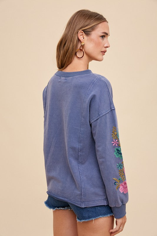 Embroidered Long Sleeve French Terry Top - washed midnight