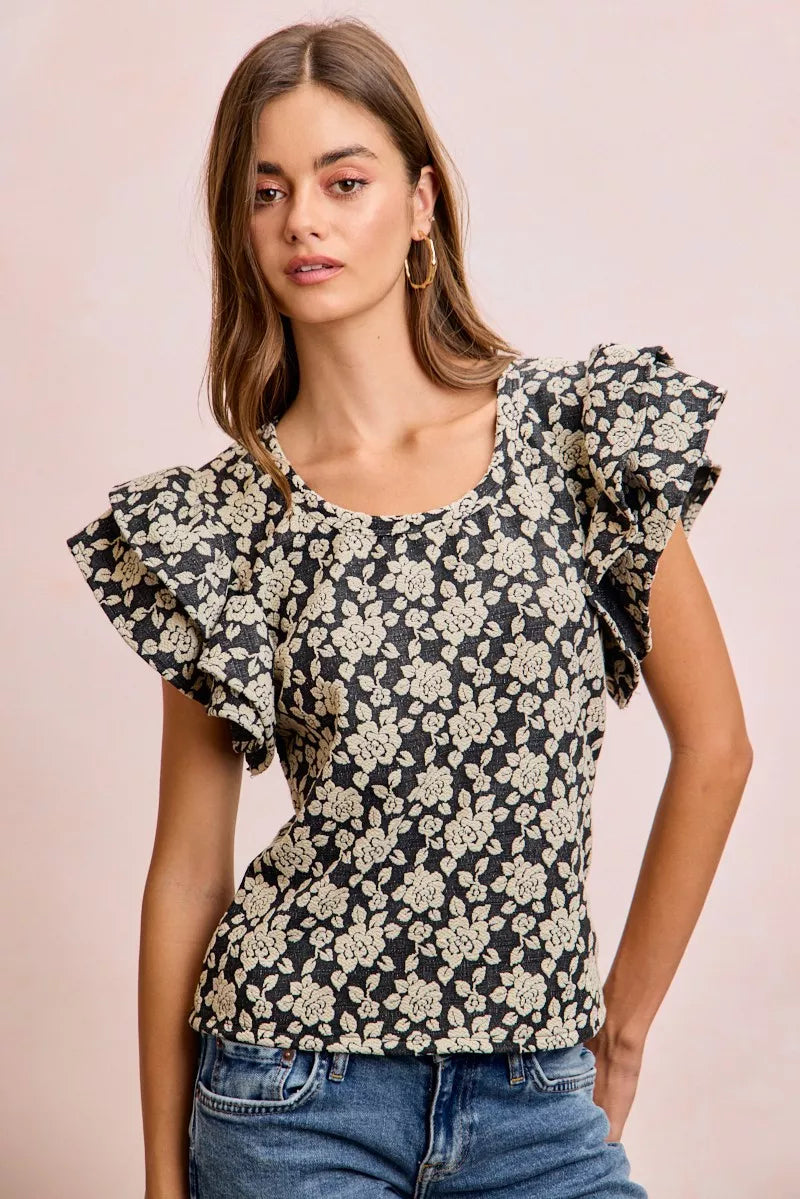 BiBi Floral Jacquard Ruffle Sleeves Knit Top - BLACK/LT GREY - Bexa Boutique