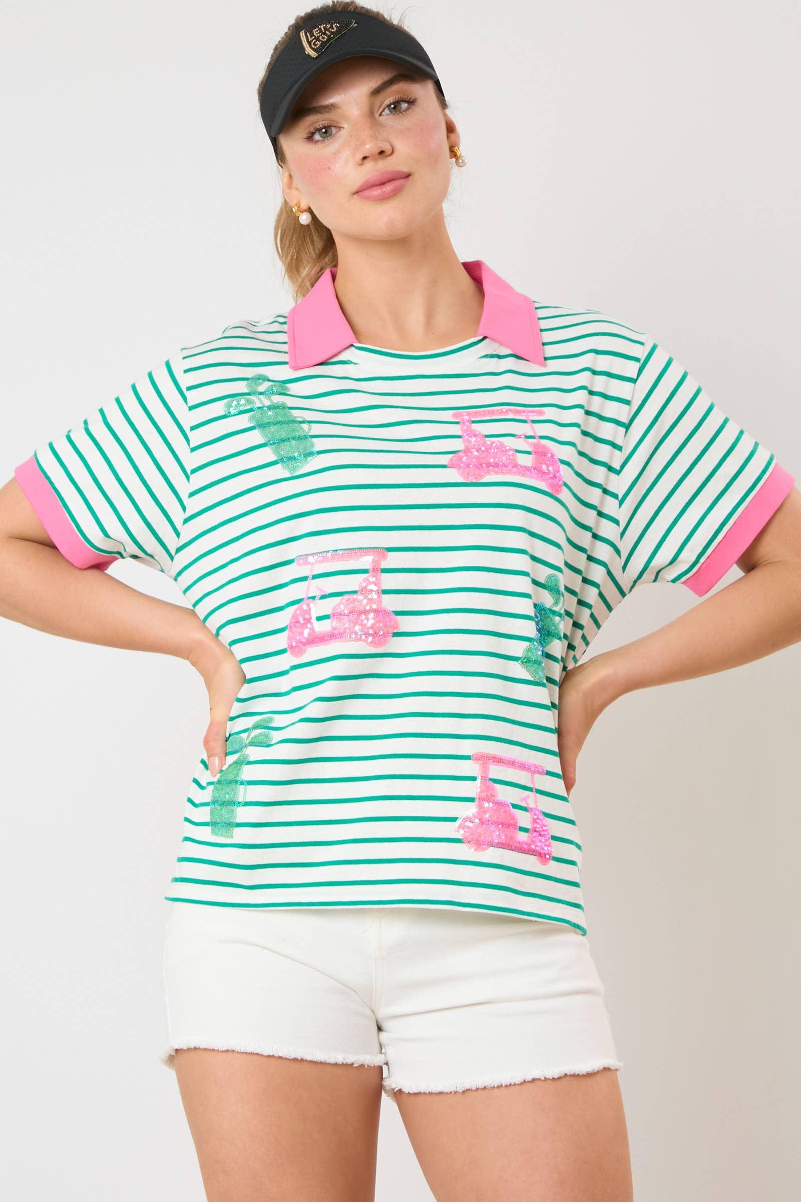 Golf Cart & Bag Sequins Embroidery Short Sleeve Top