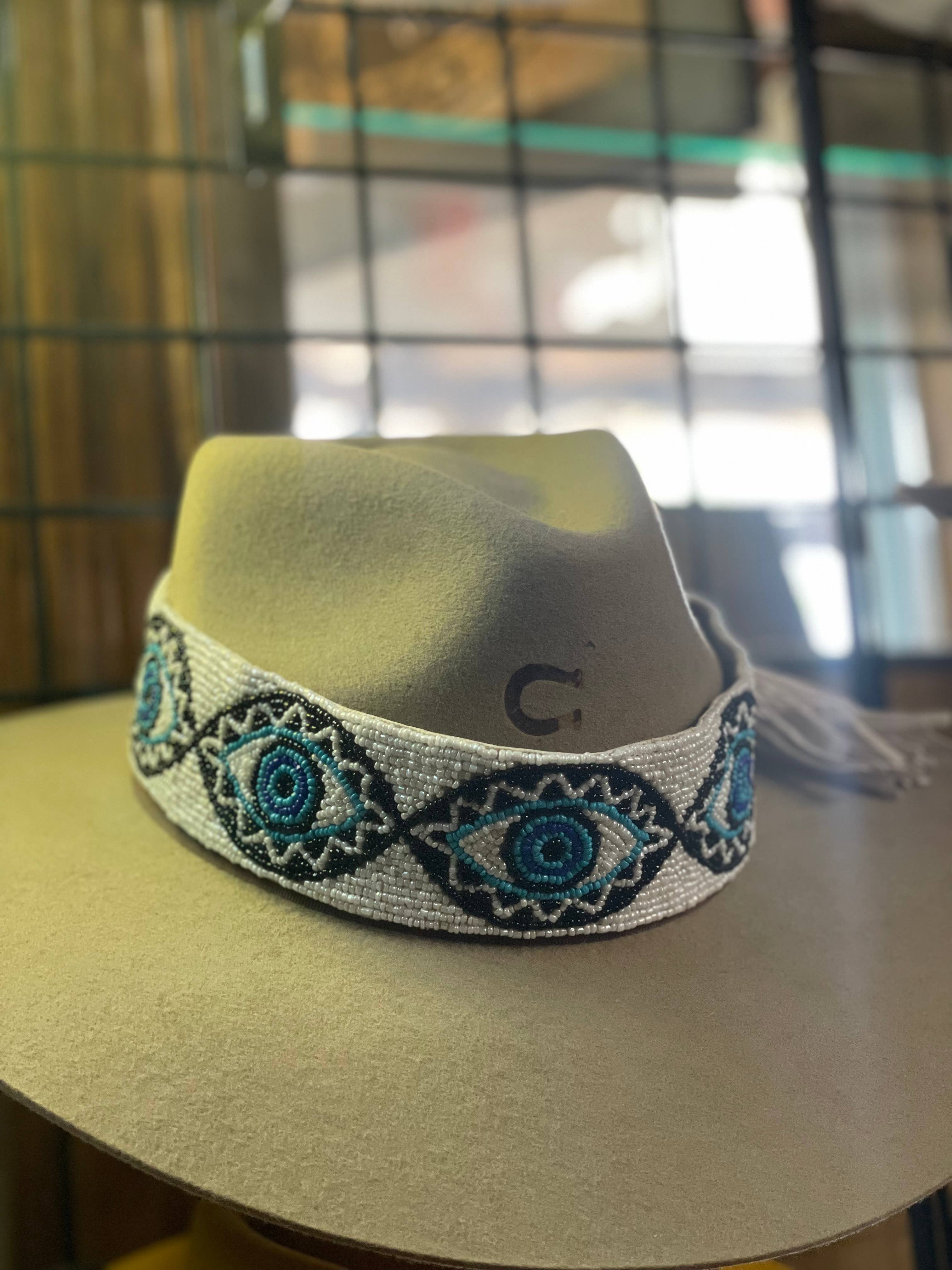 Hand beaded Evil eye hat band or belt