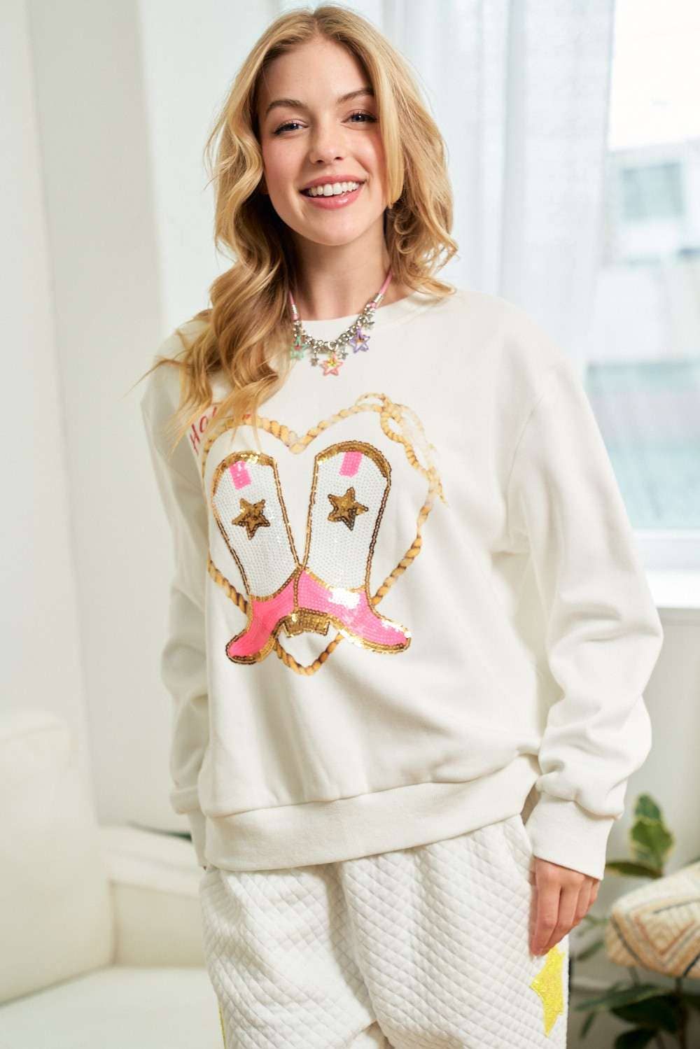 Cowgirl Rope Print With Sequin Boots Sweater