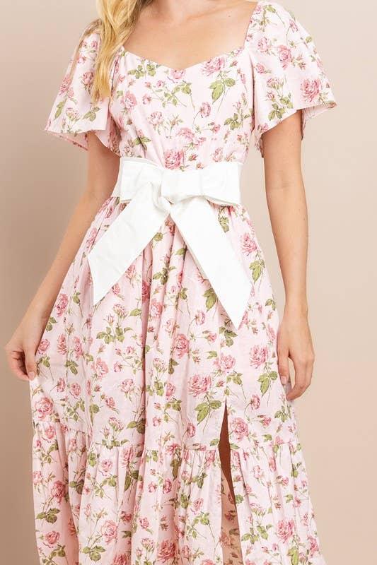 Bow Floral Flutter Sleeves Dress