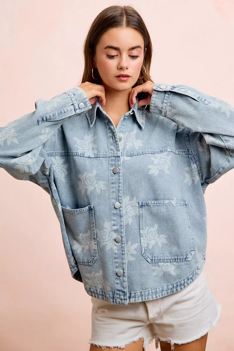 BiBi Printed Washed Denim Jacket With Pocket - DENIM - Bexa Boutique