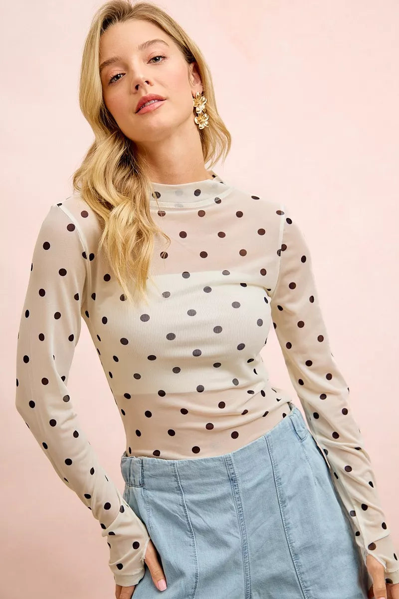 BiBi High Neck Line Polka Dots Mesh Top With Thumb Open - IVORY/BLACK - Bexa Boutique